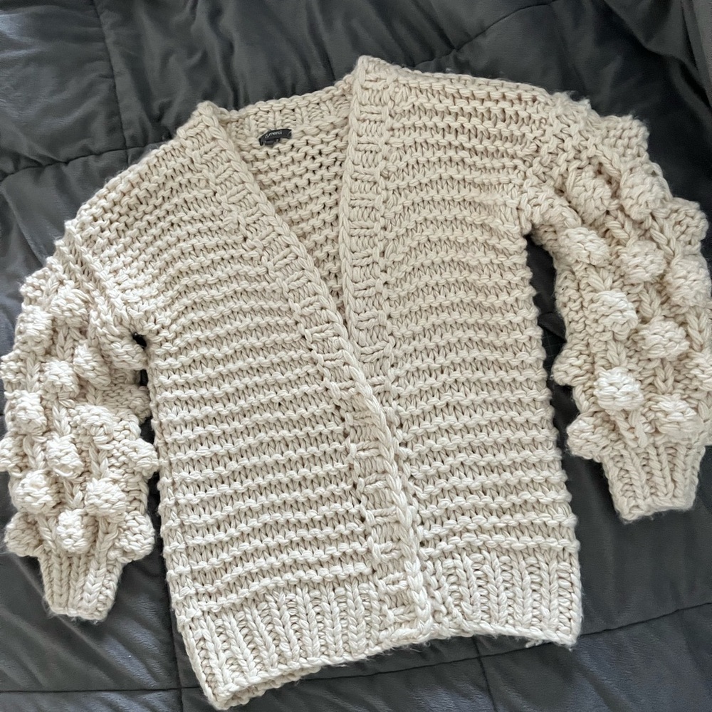 Cream Textured Knit Cardigan Sweater